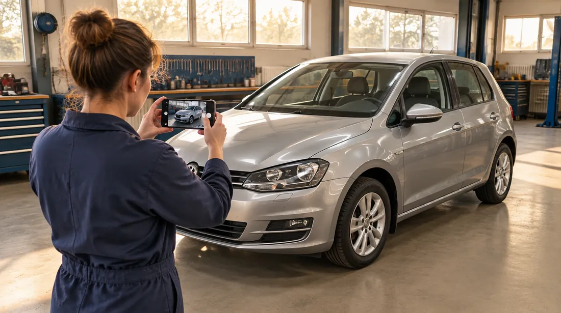 Eine Mechanikerin fotografiert mit dem Smartphone die Front eines silbergrauen Kompaktwagens, der mit montierten Rädern in der Werkstatthalle steht; auf dem Display ist dasselbe Auto zu sehen.