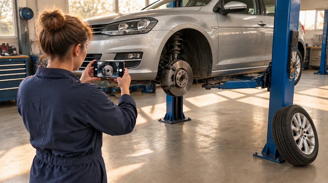 Derselbe Wagen auf der Hebebühne, das linke Vorderrad ist abgenommen; die Mechanikerin fotografiert die freiliegende Bremsscheibe, die auf dem Display zu sehen ist.